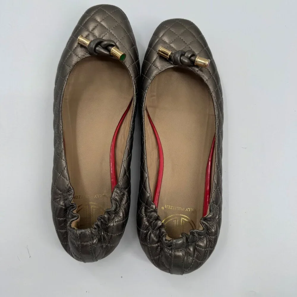 Lilly Pulitzer Quilted Bronze Ballet Flats Bow Accent & Elastic Backing Size 7